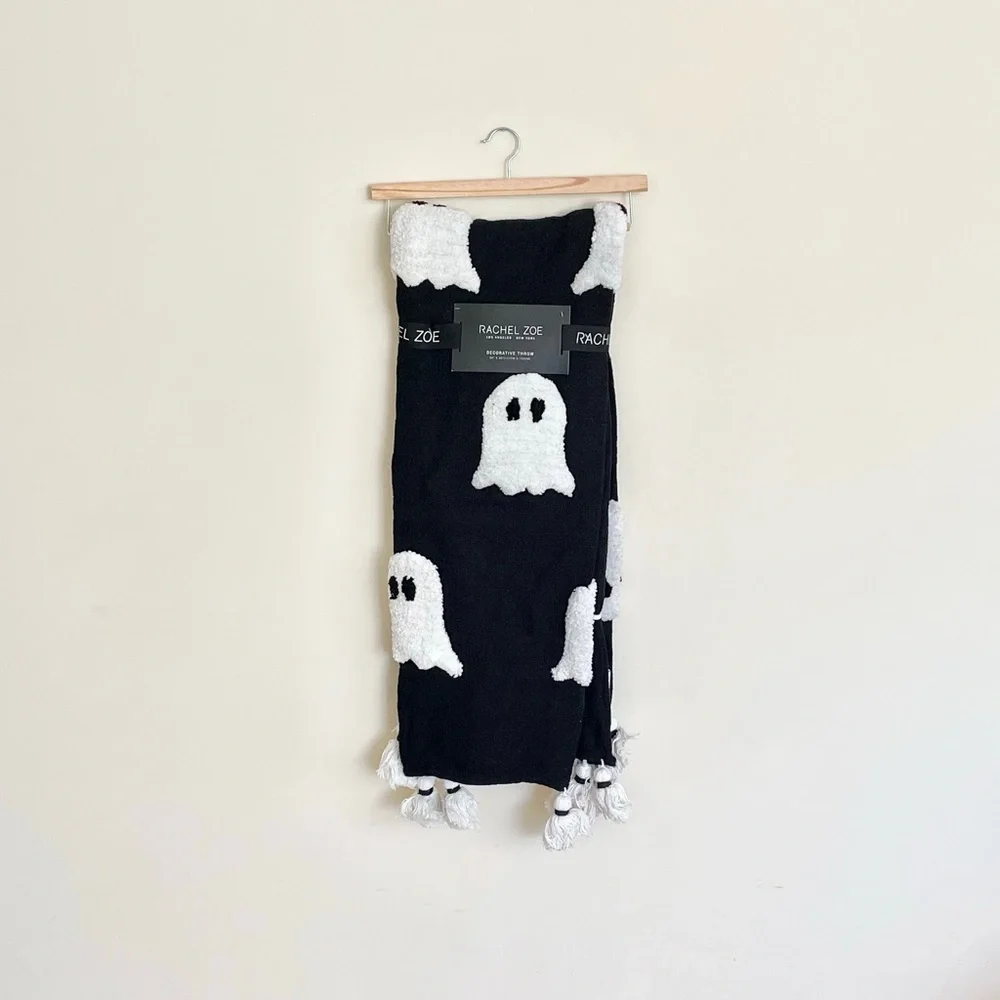 NEW Rachael Zoe Halloween Ghost Knit Decorative Throw Blanket 50x60” Black White